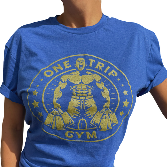 One Trip Gym Blue Tee ((((GOLD))))). ONE TIME RUN for Memorial Weekend.